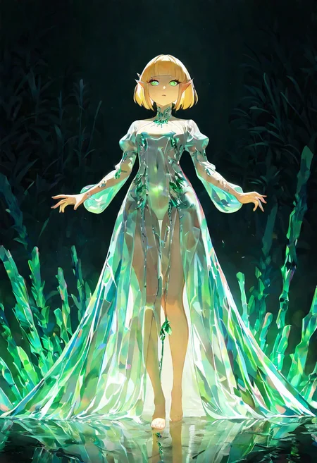 masterpiece, best quality, amazing quality, very aesthetic, absurdres, newest, 1girl,princess zelda, blunt bangs, blonde hair, bob cut, pointy ears, in the depths of a bioluminescent alien jungle, perfect eyes, [evangelion:cyberpunk edgerunners:0.5], reflective transparent emerald iridescent opaque clothing, long sleeves, flowing dress, long skirt, very aesthetic, highres, 4k, 8k, intricate detail, cinematic lighting, amazing quality, amazing shading, detailed Illustration, official artwork, wallpaper, official art, extremely detailed eyes and face, beautiful detailed eyes, from below, full body, thigh gap, BREAK <lora:ponyv4_noob1_2_adamW-000017:0.7000000000000001> <lora:USNR_STYLE_XL_lokr:0.45>