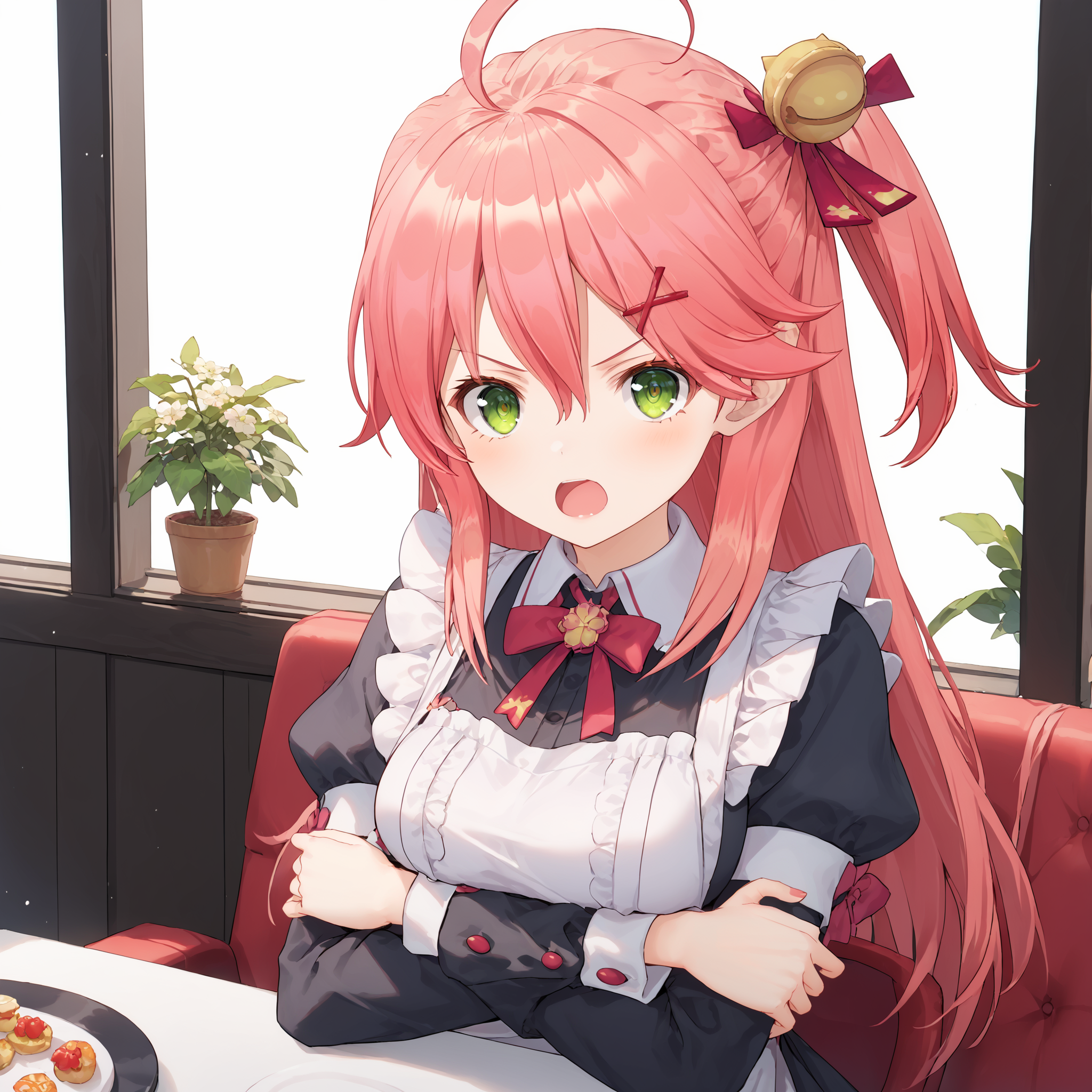 score_9,score_8_up,score_7_up,source_anime,high res image,masterpiece,best quality,woman,cute face,clear skin,shiny hair,ultra detailed eyes,1girl,<lora:Sakura_Miko_ãããã¿ã_hololiveVtube-000004:0.8>,Miko_nml,pink hair,pink hair,ahoge,long hair,one side up,angry,open mouth,looking at viewer,cowboy shot,crossed arms,maid,cafe,<lora:cnv3mdde878c738thn20:0.8>,
