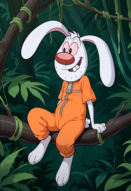 Score_9, score_9_up, solo, 1boy, furry, rabbit, animal, white fur, big nose, red nose, pink sclera, black eyes, buckteeth, uneven teeth, rabbit ears, floppy ears, aftershave, orange jumpsuit, three toes, sitting on a tree branch, jungle background