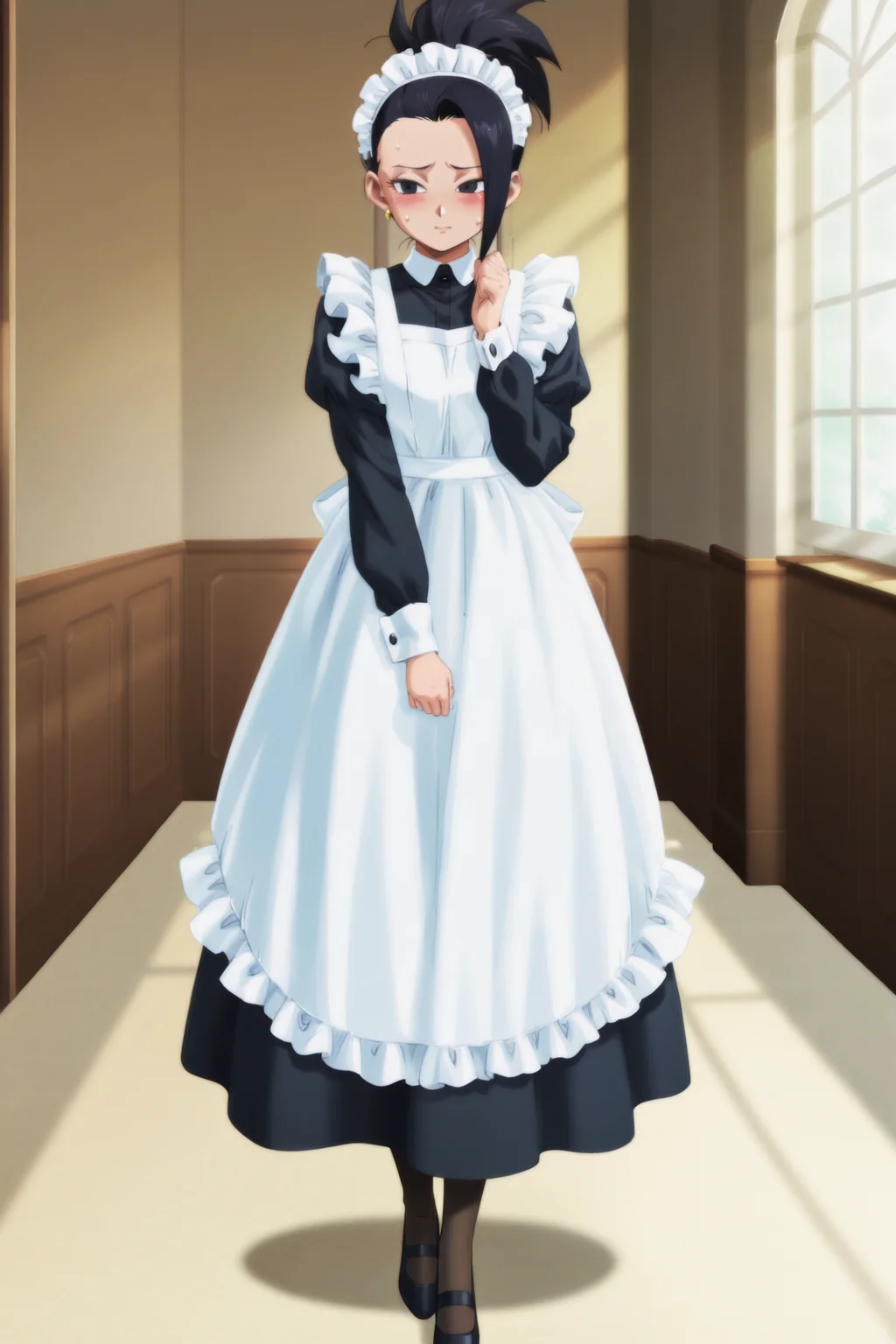 anime screencap, absurdres, high quality,
kale, official style, 1girl, solo, blush, mansion, black hair, long sleeves, indoors, long dress, standing, full body, ponytail, pantyhose, frills, shoes, hand up, black footwear, sweatdrop, black eyes, apron, black dress, maid, maid headdress, maid apron, enmaided, cuffs, arm up, arm at side, embarrassed
<lora:kaleDBS_v1:0.8>