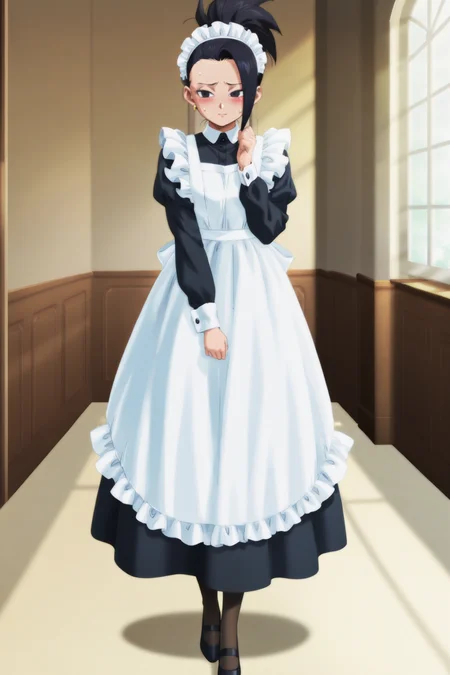 anime screencap, absurdres, high quality,
kale, official style, 1girl, solo, blush, mansion, black hair, long sleeves, indoors, long dress, standing, full body, ponytail, pantyhose, frills, shoes, hand up, black footwear, sweatdrop, black eyes, apron, black dress, maid, maid headdress, maid apron, enmaided, cuffs, arm up, arm at side, embarrassed
<lora:kaleDBS_v1:0.8>