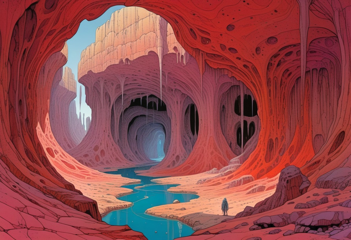 Landscape, Moebius (Jean Giraud) Style page, caverns, science fiction, biological cave, flesh, veins, pulsating walls