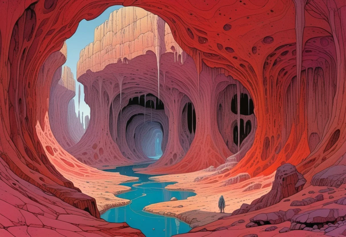 Landscape, Moebius (Jean Giraud) Style page, caverns, science fiction, biological cave, flesh, veins, pulsating walls