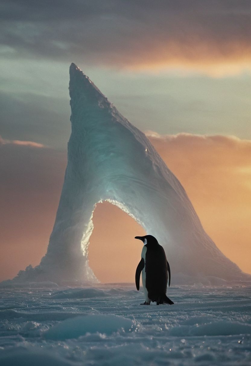 A plucked penguin stands on the last melting ice floe, whale sharks are visible and lurk until the last piece of ice is broken, How precarious our world can be: a lone penguin, standing on the last shard of ice amidst the Large ocean, as the ominous sunset casts its eerie glow. In the backdrop, the ominous fins of whale sharks linger, patiently awaiting the final thaw, where this plucked penguin may unwittingly become their meal., very detailed, atmospheric haze, Film grain, cinematic film still, shallow depth of field, highly detailed, high budget, cinemascope, moody, epic, OverallDetail, 2000s vintage RAW photo, photorealistic, candid camera, color graded cinematic, eye catchlights, atmospheric lighting, imperfections, natural, shallow dof
