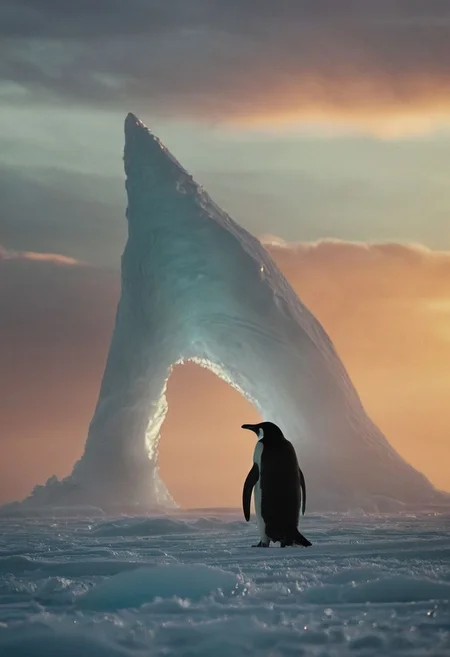 A plucked penguin stands on the last melting ice floe, whale sharks are visible and lurk until the last piece of ice is broken, How precarious our world can be: a lone penguin, standing on the last shard of ice amidst the Large ocean, as the ominous sunset casts its eerie glow. In the backdrop, the ominous fins of whale sharks linger, patiently awaiting the final thaw, where this plucked penguin may unwittingly become their meal., very detailed, atmospheric haze, Film grain, cinematic film still, shallow depth of field, highly detailed, high budget, cinemascope, moody, epic, OverallDetail, 2000s vintage RAW photo, photorealistic, candid camera, color graded cinematic, eye catchlights, atmospheric lighting, imperfections, natural, shallow dof