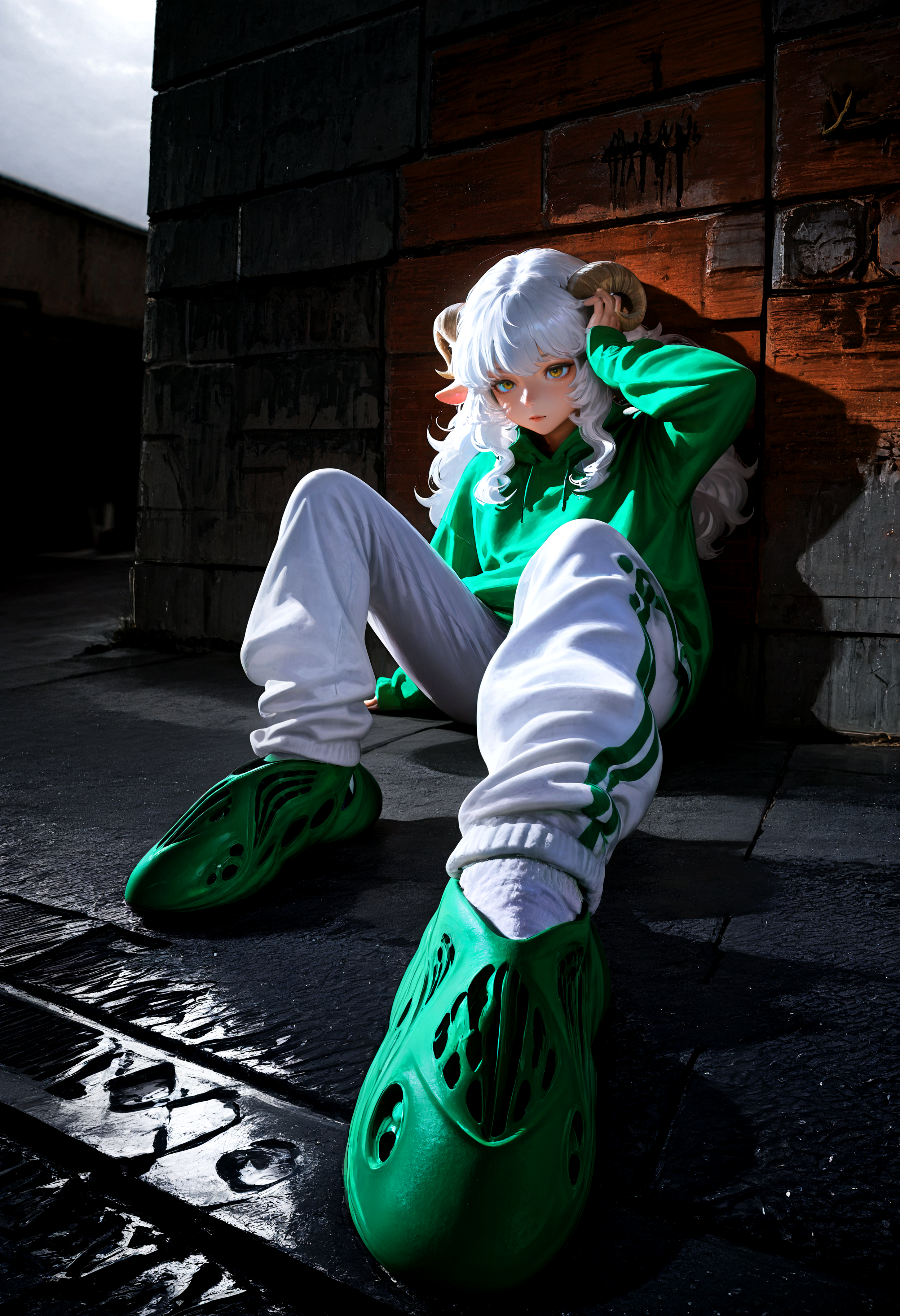 HDR, 8K, high contrast, masterpiece, best quality, amazing quality, very aesthetic, superabsurd res, high resolution, ultra-detailed, absurdres, newest, scenery, (horikoshi kouhei:0.3), (quasarcake:0.3), (wlop:0.3), light rays, chiaroscuro, dynamic angle, foreshortening, perspective, full body, foot focus, from above, wide angle, fisheye, 1girl, sheep girl, horns, fluffy hair, curly hair, big hair, long hair, white hair, green hoodie, oversized hoodie, white pants, f0am rvnners, green footwear, sitting, on the ground, outside, rain, overcast, hand on head, wall, reflection, backlighting, partially illuminated, Intricately designed, Mysterious Shadows, BREAK, photorealistic, beautiful detailed eyes, detailed skin, detailed hair, volumetric lighting, dappled light, light particles, dramatic shadows, cinematic lighting, photo background, depth of field, <lora:IL\touching_grass_v0.2:0.8> <lora:IL\KMS_Yeezy_Foam_Runners_IL-000019:1>
