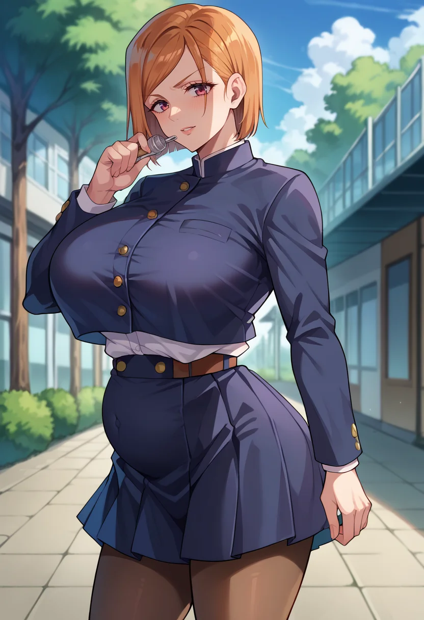score_9, score_8_up, score_7_up, score_6_up, source_anime, BREAK
1girl, solo, huge breasts, kugisaki nobara, early pregnancy, (small belly:1.3), baby bump, school uniform, black jacket, long sleeves, black skirt, pantyhose, standing, cowboy shot, outdoors, looking at viewer, <lora:EarlyPregnancy:1> <lora:Nobara:1>