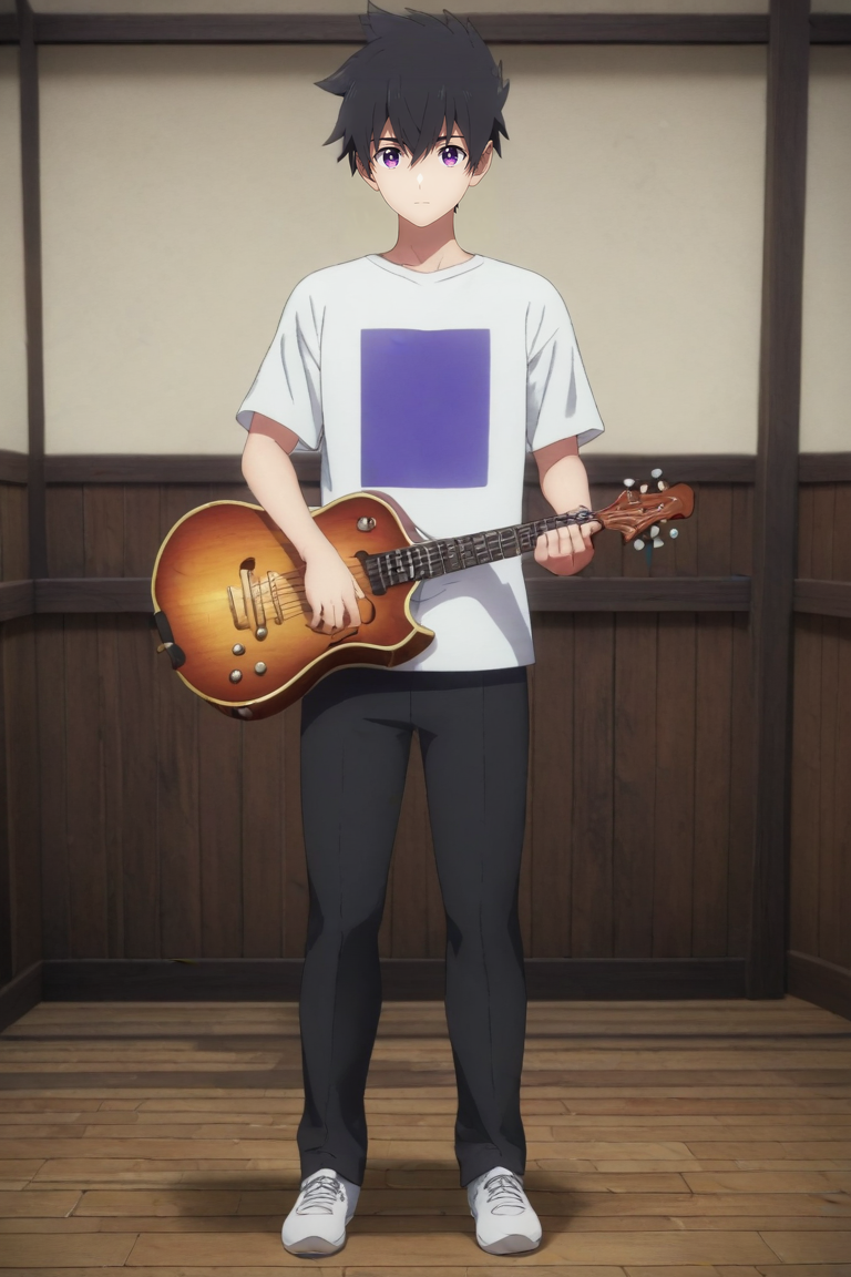 score_9, score_8_up, score_7_up, , rating_safe, , (3d:0.4), looking at viewer, , 1boy, solo, male focus, <lora:ryuunosuke_minakata_pony:0.94>, ryuunosuke_minakata, black hair, purple eyes, short hair, bangs, hair between eyes, from afar, full body, dining room, noon, holding instrument, giggling, , <lora:sdxl_lightning_8step_lora:1>