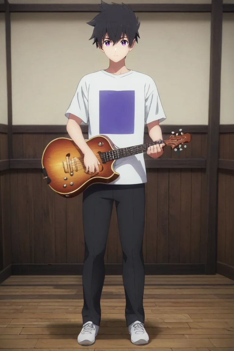score_9, score_8_up, score_7_up, , rating_safe, , (3d:0.4), looking at viewer, , 1boy, solo, male focus, <lora:ryuunosuke_minakata_pony:0.94>, ryuunosuke_minakata, black hair, purple eyes, short hair, bangs, hair between eyes, from afar, full body, dining room, noon, holding instrument, giggling, , <lora:sdxl_lightning_8step_lora:1>