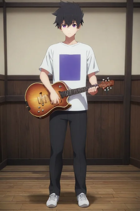 score_9, score_8_up, score_7_up, , rating_safe, , (3d:0.4), looking at viewer, , 1boy, solo, male focus, <lora:ryuunosuke_minakata_pony:0.94>, ryuunosuke_minakata, black hair, purple eyes, short hair, bangs, hair between eyes, from afar, full body, dining room, noon, holding instrument, giggling, , <lora:sdxl_lightning_8step_lora:1>