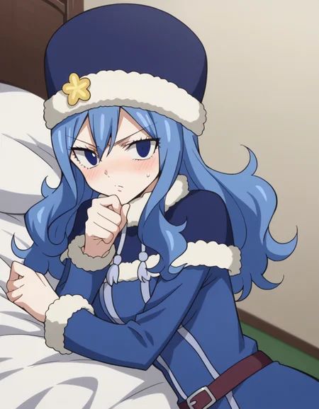 score_9, score_8_up, score_7_up, source_anime,
juvialockser, <lora:juvia-lockser-s7-ponyxl-lora-nochekaiser:1>,
juvia lockser, long hair, blue eyes, blue hair, wavy hair, hair between eyes,
hat, dress, belt, fur trim, fur hat, capelet, blue dress, long sleeves,
indoors, bed, bed room, on side, blush, drunk,
looking at viewer, cowboy shot, dutch angle,