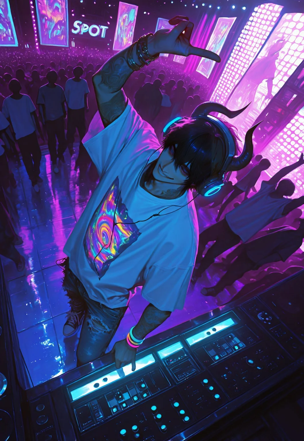 masterpiece, best quality,high quality, newest, highres,8K,HDR, absurdres, modern, newest, realistic, distant shot, male focus, side view, 1boy, (stands at the (DJ console)), one arm up, horns_gesture, spinning records, one hand on the control panel, looking down, smirk, thin, cute, sweet, headphones, white oversize t-shirt, torn thin denim pants, sneakers, (tattoo), bracelets, mouth slightly open, at the disco, inside, music party, everyone dancing, (dancing crowd), (in front of the crowd), crowd looks at him, (crowd raises their hands), happy crowd, (((crowd))), a large screen behind him, on stage, big speakers, musical euphoria, nightclub, spotlights, dark shot, dynamic angle from above, dynamic pose, dynamic lighting, intricate, a lot of details, rich, urban, soft, high-contrast, pank, colorful, art style,