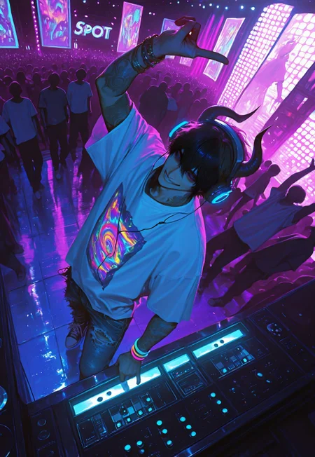 masterpiece, best quality,high quality, newest, highres,8K,HDR, absurdres, modern, newest, realistic, distant shot, male focus, side view, 1boy, (stands at the (DJ console)), one arm up, horns_gesture, spinning records, one hand on the control panel, looking down, smirk, thin, cute, sweet, headphones, white oversize t-shirt, torn thin denim pants, sneakers, (tattoo), bracelets, mouth slightly open, at the disco, inside, music party, everyone dancing, (dancing crowd), (in front of the crowd), crowd looks at him, (crowd raises their hands), happy crowd, (((crowd))), a large screen behind him, on stage, big speakers, musical euphoria, nightclub, spotlights, dark shot, dynamic angle from above, dynamic pose, dynamic lighting, intricate, a lot of details, rich, urban, soft, high-contrast, pank, colorful, art style,