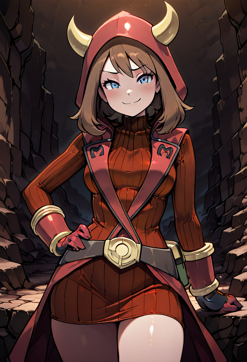 masterpiece, best quality, solo, curvy, beautiful eyes,  zzMayMagCitron, blue eyes, brown hair, medium hair, red dress, red gloves, hood up, fake horns, ribbed dress, ,<lora:MayMagmaPokemonCitron_IXL:1.0>, cowboy shot, hand on hip, smug, smile, looking at viewer, shiny skin,