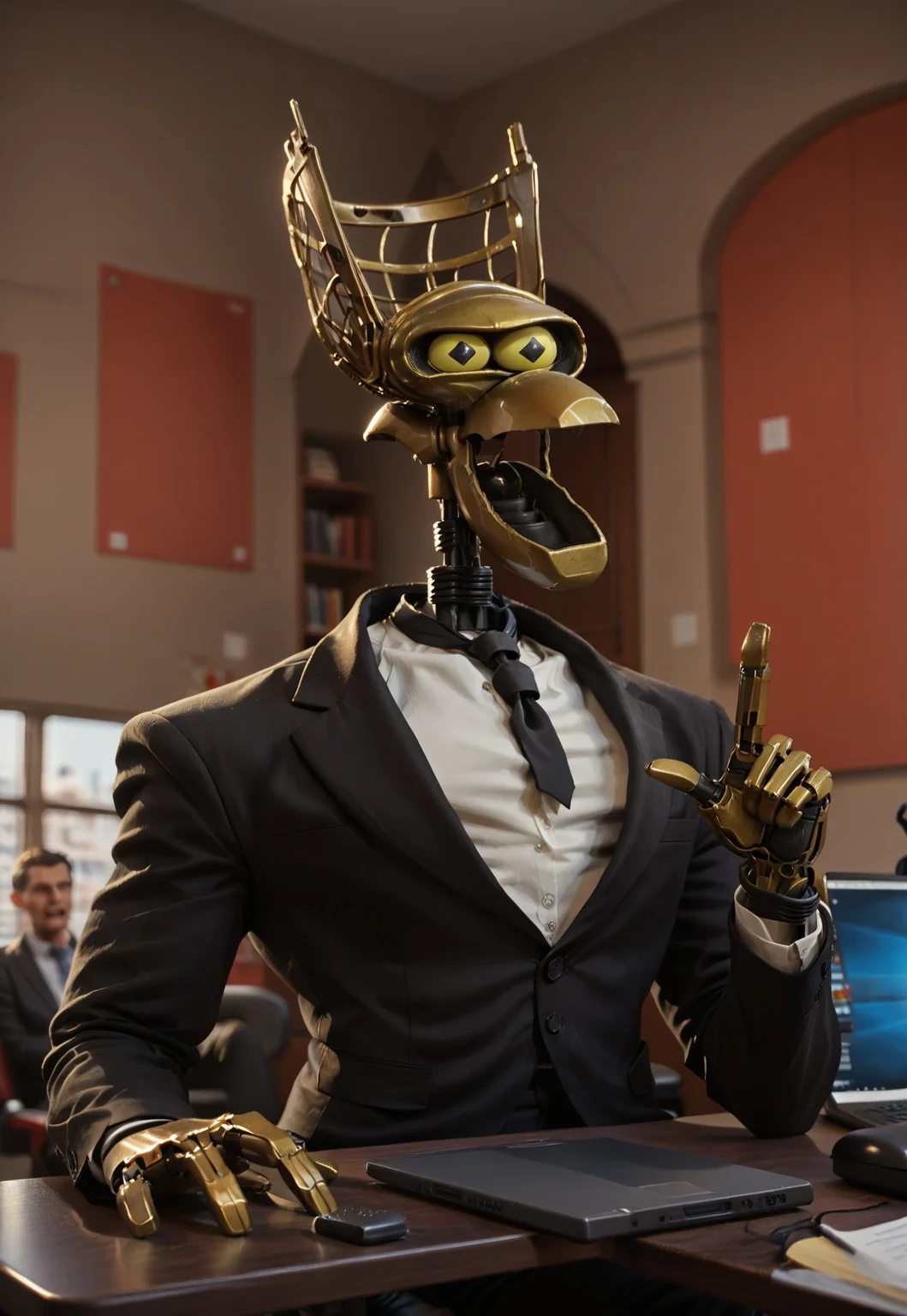 score_9, score_8_up, score_7_up, score_6_up, score_5_up, score_4_up, cr0wtr0b0t, robot, 1boy, solo, muscular, upper body focus, dressed as lawyer, standing, evil grin, open mouth, (office background), office, windows, clouds, blurry background, sitting, office chair, using laptop, cowboy shot, pointing finger