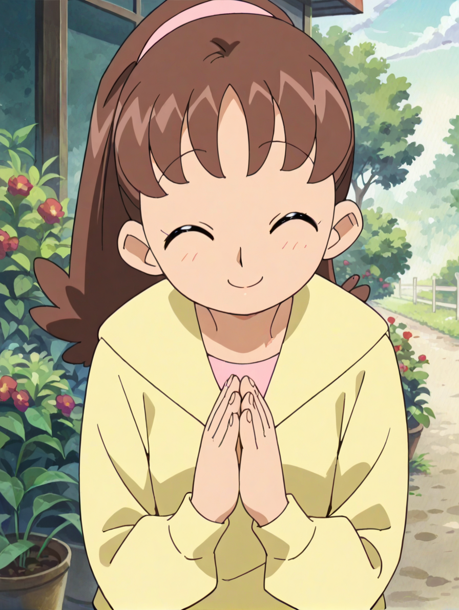 score_9, score_8_up, score_7_up, score_6_up, score_5_up, score_4_up,source_anime,anime screencap,uncensored,1990s,1girl,glistening body,shiny_skin,dewy skin,BREAK
 <lora:nishizawa_v1:0.85> nishizawat, brown hair, long hair, ponytail, hairband,yellow hoodie, long sleeves,outside,own hands together, smile, eyes closed,