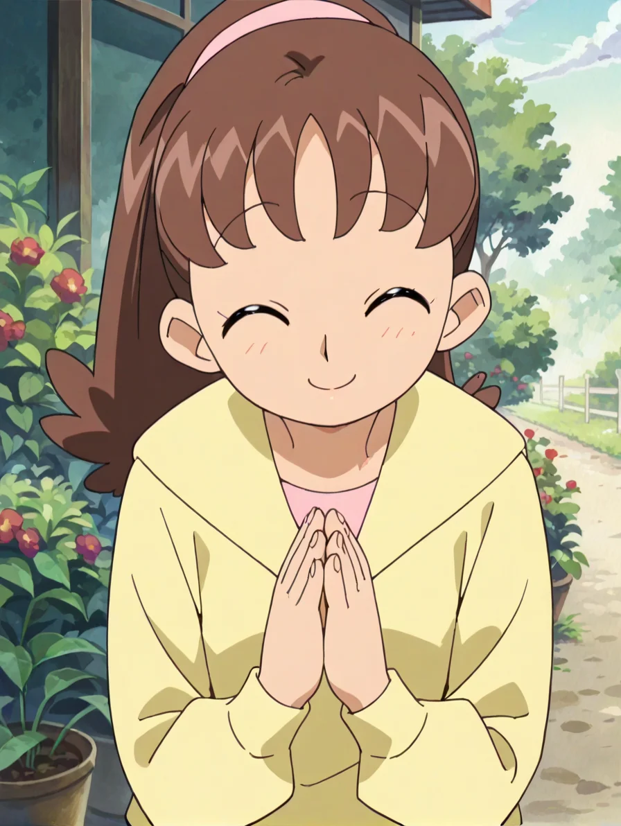 score_9, score_8_up, score_7_up, score_6_up, score_5_up, score_4_up,source_anime,anime screencap,uncensored,1990s,1girl,glistening body,shiny_skin,dewy skin,BREAK
<lora:nishizawa_v1:0.85> nishizawat, brown hair, long hair, ponytail, hairband,yellow hoodie, long sleeves,outside,own hands together, smile, eyes closed,