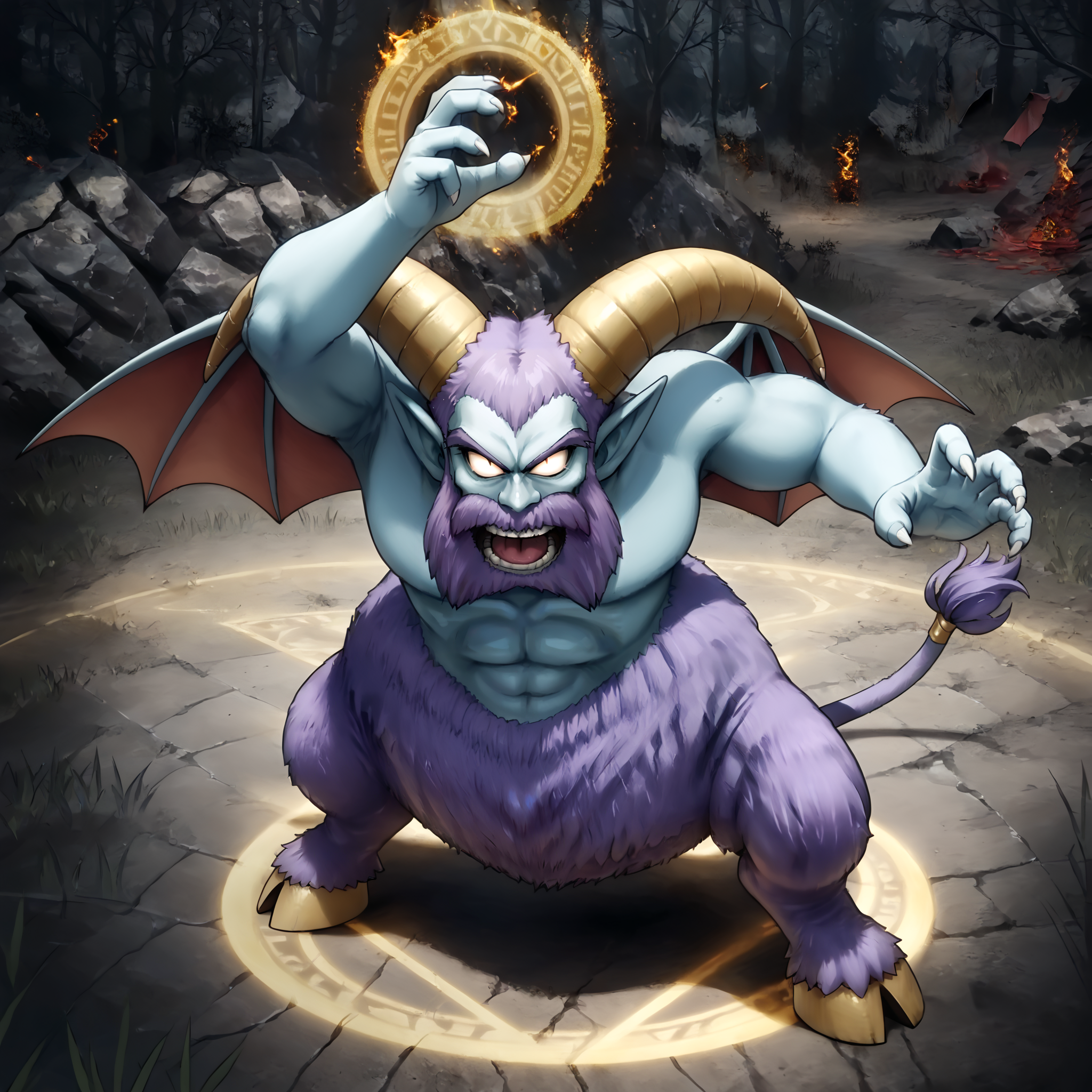 score_9,score_8_up,score_7_up,best quality,masterpiece,super detailed,extreme detailed,full_body,zPDXL,source anime BREAK nature,forest,no humans,
<lora:Pony_DetailV2.0:1>,barbatos_(dq),demon horns,demon wings,demon tail,<lora:barbatos_(dq):0.9>,fighting stance,shouting,serious,arm_up,magic,fire,magic circle,open mouth,looking at viewer,