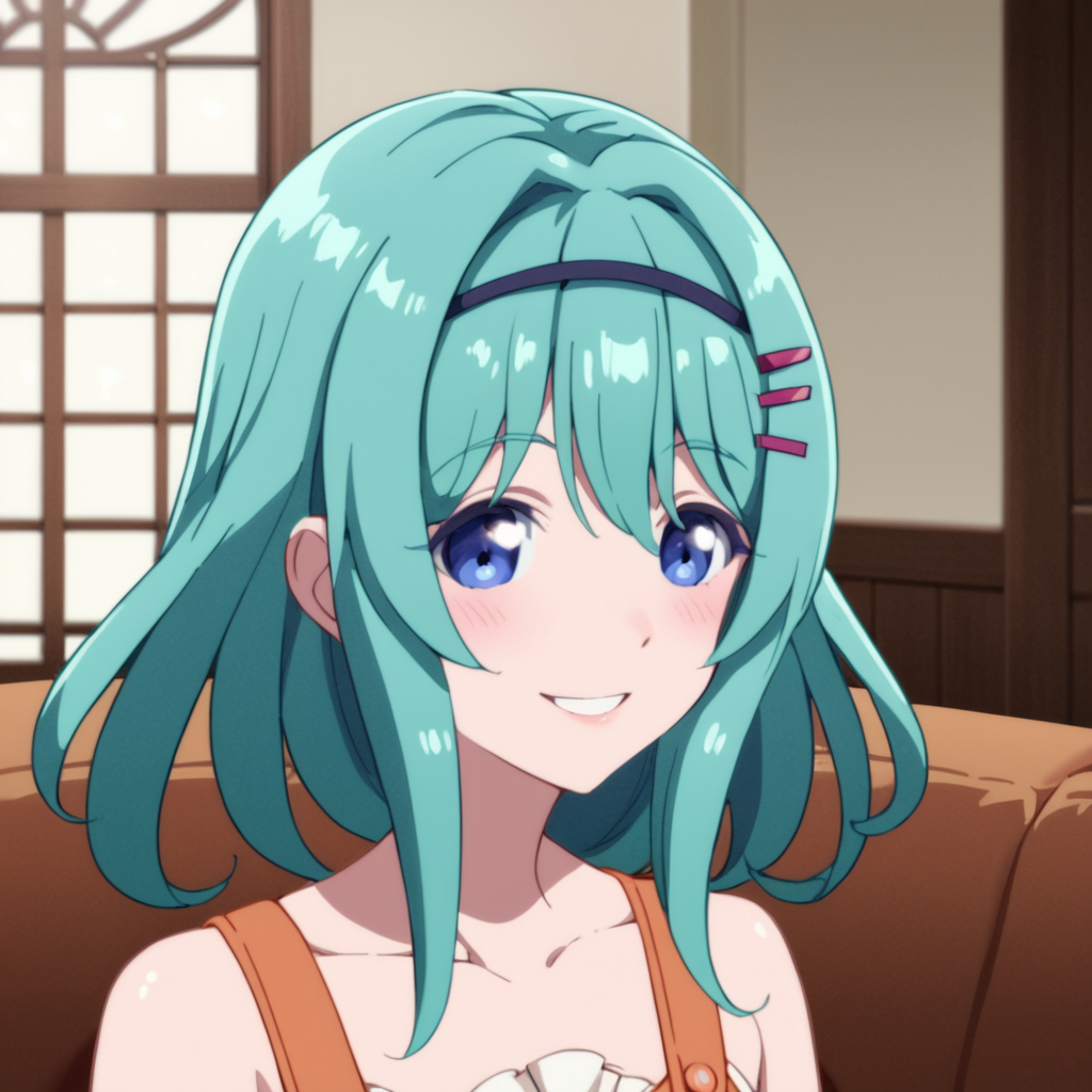 score_9, score_8_up, score_7_up, score_6_up, score_5_up, score_4_up, source_anime,  Remia, blue eyes, hair ornament, aqua hair, fish girl, , smile, portrait
