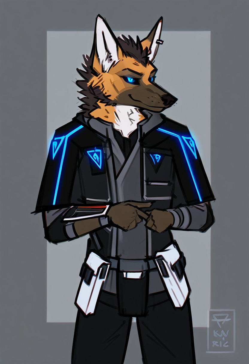 score_9, score_8_up, score_7_up, score_6_up, ((masterpiece)), (maned wolf, male), eyebrows, under-eye markings, face markings, sideburns, goatee, stern appearance, solo, anthro, perfectly rendered face, ((correct eyes)), dark grey background, interior, sci-fi, computers in background,  silhouette, outline, solo focus, vignette, dim lighting, side lighting, pointing, looking left, smirk, edgy expression, (head tilt), portrait, standing, skinny, clothed, kemono, eastern clothing, dark clothing, dark hair, black sclera, blue eyes, black mohawk mane, face piercings, ear piercings, wintertide, blue insignia, glowing eyes, shoulderpad, armor, straps, buckles, pouches, zPDXL3