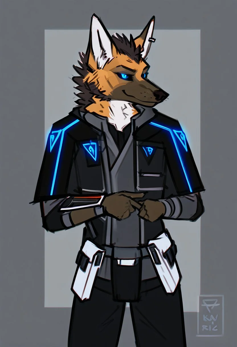 score_9, score_8_up, score_7_up, score_6_up, ((masterpiece)), (maned wolf, male), eyebrows, under-eye markings, face markings, sideburns, goatee, stern appearance, solo, anthro, perfectly rendered face, ((correct eyes)), dark grey background, interior, sci-fi, computers in background, silhouette, outline, solo focus, vignette, dim lighting, side lighting, pointing, looking left, smirk, edgy expression, (head tilt), portrait, standing, skinny, clothed, kemono, eastern clothing, dark clothing, dark hair, black sclera, blue eyes, black mohawk mane, face piercings, ear piercings, wintertide, blue insignia, glowing eyes, shoulderpad, armor, straps, buckles, pouches, zPDXL3