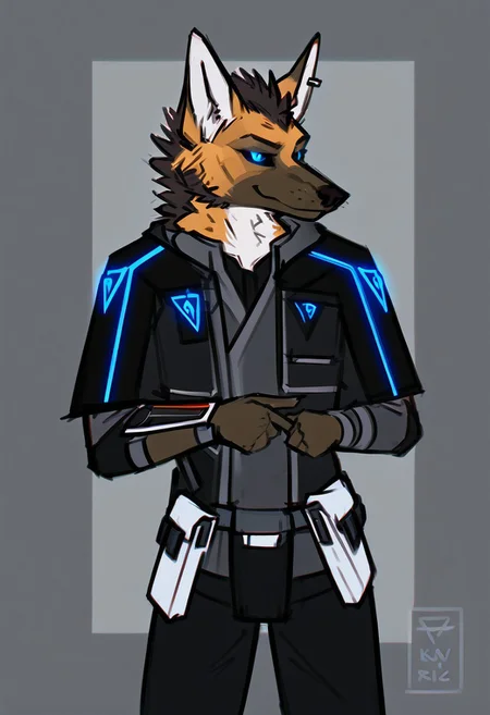 score_9, score_8_up, score_7_up, score_6_up, ((masterpiece)), (maned wolf, male), eyebrows, under-eye markings, face markings, sideburns, goatee, stern appearance, solo, anthro, perfectly rendered face, ((correct eyes)), dark grey background, interior, sci-fi, computers in background, silhouette, outline, solo focus, vignette, dim lighting, side lighting, pointing, looking left, smirk, edgy expression, (head tilt), portrait, standing, skinny, clothed, kemono, eastern clothing, dark clothing, dark hair, black sclera, blue eyes, black mohawk mane, face piercings, ear piercings, wintertide, blue insignia, glowing eyes, shoulderpad, armor, straps, buckles, pouches, zPDXL3