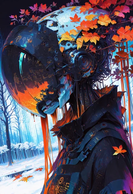 masterpiece, newest,absurdres,very awa,1girl, solo, cyborg,,reflection, visor, abstract, jacquard fabric, techwear, detailed helmet,mcnm, visor,closeup, intricate detail, melting,
BREAK
outdoors, trees, ferns, binary, snow, orange leaves, dutch angle, XUER guangying, r17329_illu, 4ki4k4ne_illu