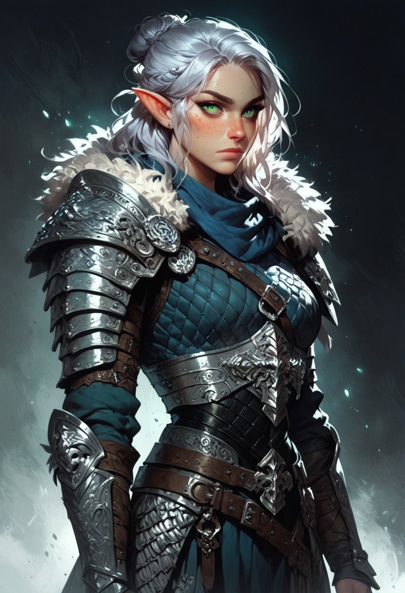 score_9, score_8_up, score_7_up, woman, simple background, dark background, green eyes, gorgeous, elf, fur outfit, black viking outfit, pale skin, solo, dark blue heavy armour, dark blue medieval armour, dark blue chainmail, mythril armour, elven ornaments, fur cloak, standing up straight, calm face, runic tattoos, silver hair, closed mouth, cowboy shot
