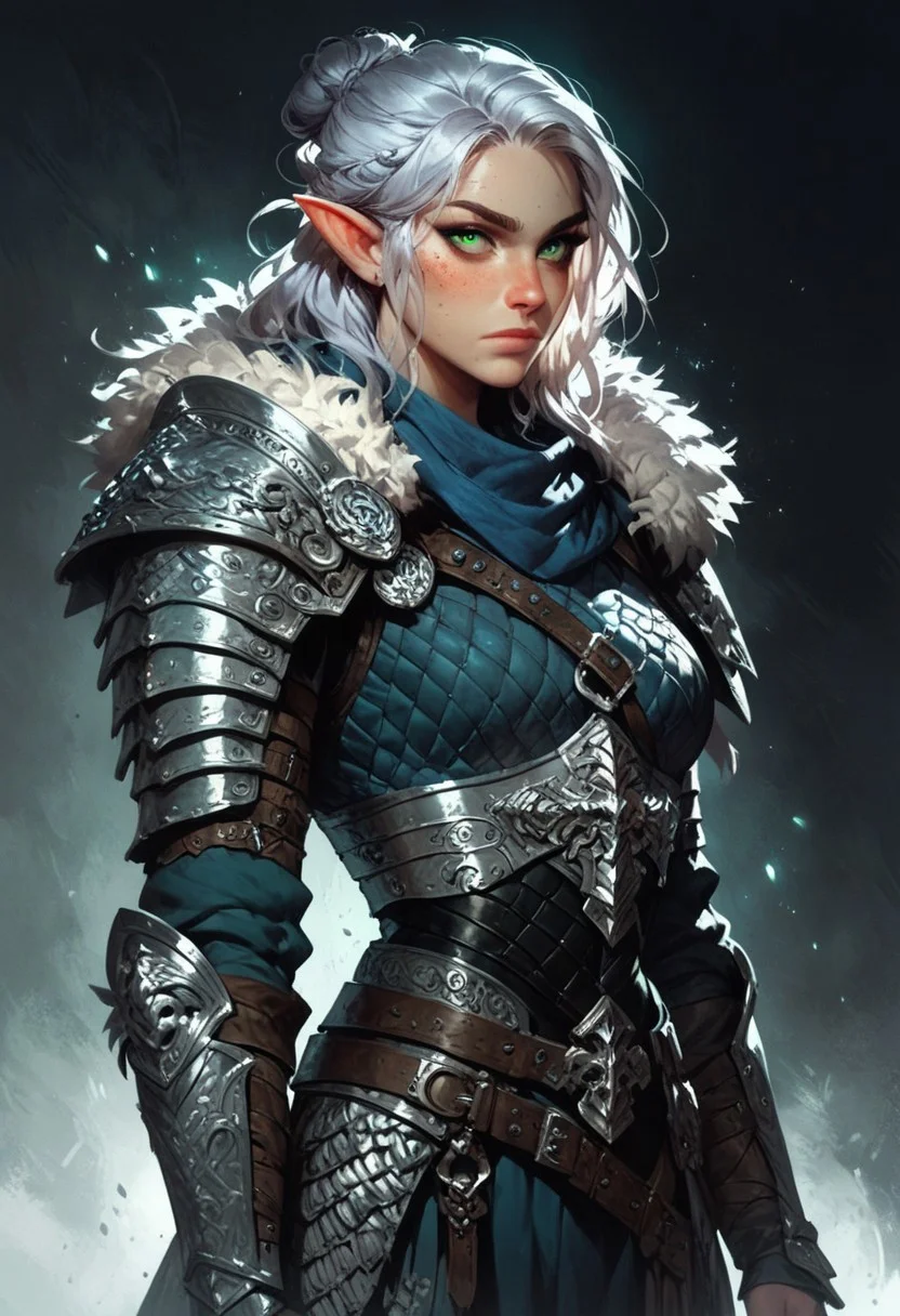 score_9, score_8_up, score_7_up, woman, simple background, dark background, green eyes, gorgeous, elf, fur outfit, black viking outfit, pale skin, solo, dark blue heavy armour, dark blue medieval armour, dark blue chainmail, mythril armour, elven ornaments, fur cloak, standing up straight, calm face, runic tattoos, silver hair, closed mouth, cowboy shot