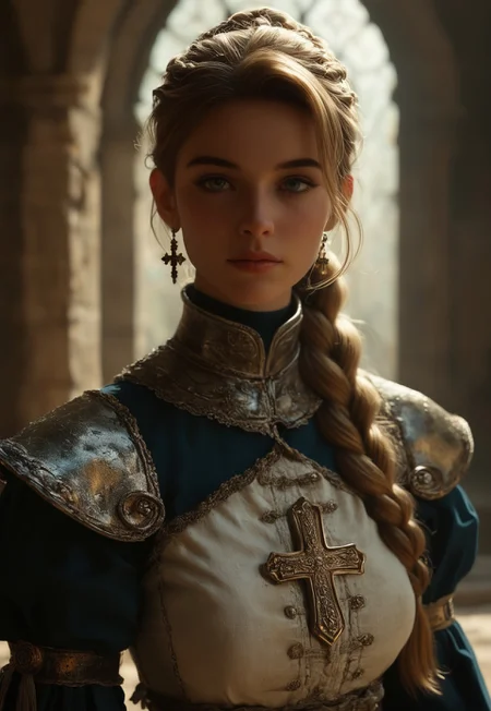 masterpiece,best quality, highly detailed, score_9, score_8_up, score_7_up, score_6_up, score_5_up, score_4_up, Expressiveh,
1woman, female knight standing tall in front of an ancient, grand cathedral. The environment feels medieval and majestic, with weathered stone walls etched with centuries of history. The knight is clad in highly polished, gleaming silver armor with ornate gold trimming along the edges, Her breastplate features a large blue and gold cross, symbolizing her holy order. She wears a royal blue gown with puffed sleeves under her armor, with delicate gold accents and embroidery. Her golden blonde hair is tied into a long braid, with a few strands framing her face. The sunlight casts a faint halo around her, creating a divine aura. The gothic cathedral in the background towers with sharp spires and intricate stonework, its stained glass windows casting faint hues across the stone.
<lora:Dynamic Poses:1>
<lora:detailed_notrigger:1>
(((full clothed))), ((detailed random background))