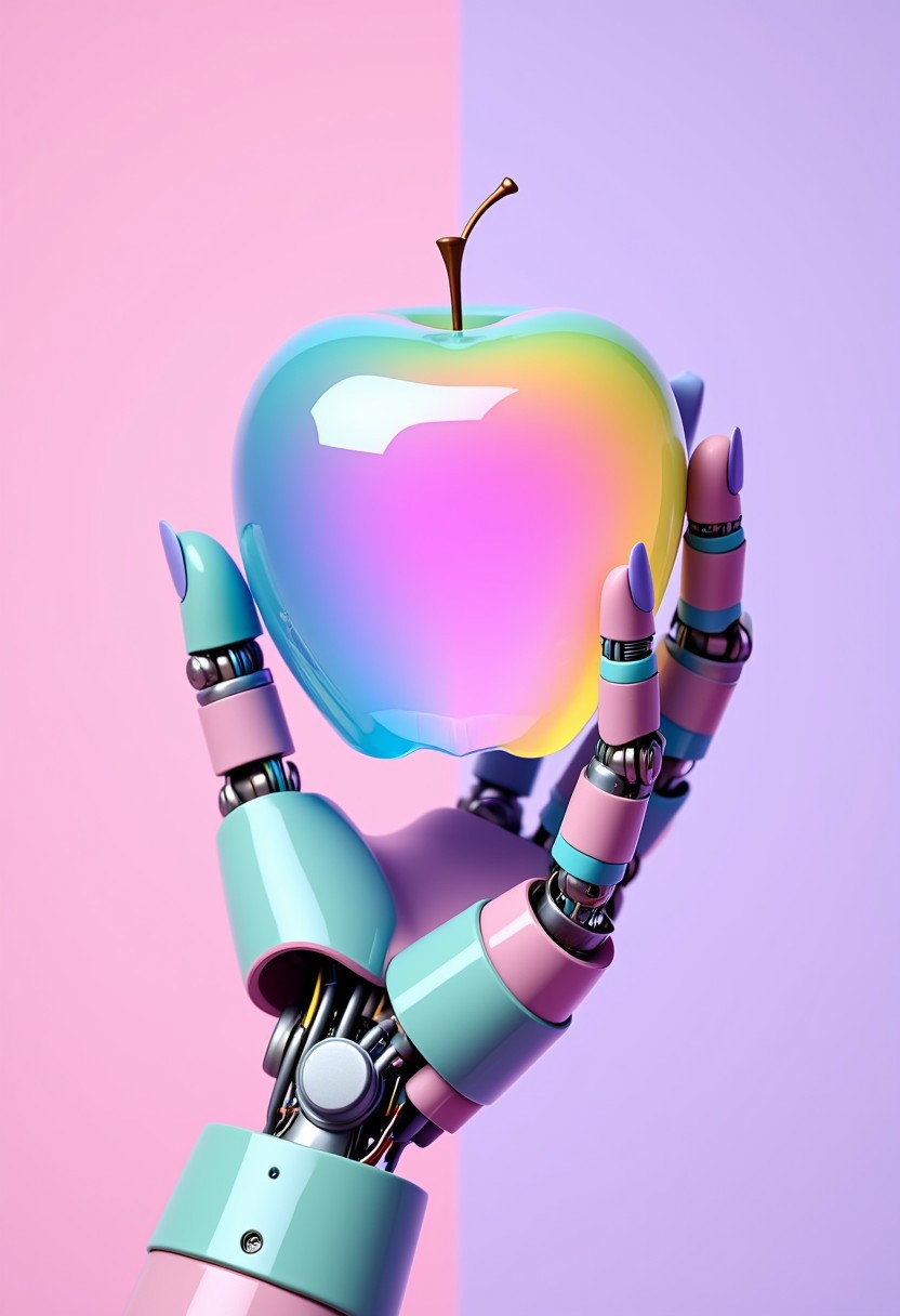 ajpasbot. The image is a digital artwork featuring a futuristic, humanoid robotic hand holding a glowing, iridescent apple. The robotic hand is highly detailed and stylized, with a smooth, glossy finish in pastel shades of pink and mint green. The hand is articulated, showcasing the mechanical joints and pistons with a metallic sheen. Each finger is articulated with precision, and the thumb is extended, holding the apple delicately.
The apple is a vibrant, multi-colored gem, reflecting light to produce a mesmerizing rainbow effect. It has a slight curve at the top, where a small, thin stem emerges. The apple's surface is smooth and glossy, with the colors shifting from pink to blue to green and purple, creating a vivid, almost holographic appearance.
The background transitions smoothly from a soft pink on the left to a lavender hue on the right, creating a gradient effect that enhances the overall dreamy, futuristic atmosphere of the image.