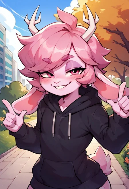 (score_9 | score_8_up | score_7_up)
(masterpiece:1)(best quality,very high quality,ultra detailed:1)
(2D,cartoon style:1)(Smooth)(clean blurring)
(four fingers on each hand,one thumb on each hand:1)
(detailed hands:1)(solo,alone,one character)
|
(outdoors,park,city,day)(front view,upper body view)
(standing)(slurty,smug smile,blush:1.4)
(hands on hips:1)(looking at viewer)
|
(Fszt)(pastel pink body,pastel pink hair,pink eyes)
(floppy ears,anthro,lagomorph,jackalope,white antlers)
(buckteeth,large eyelashes)(cutesie,shortstack,cute face:1)
(small breasts,narrow waist:1)(wide hips,huge thighs,huge butt:1,3)
(slender,skinny,petite:1)(girly,femboy:1.5)
(dark purple hoodie,long sleeves,black thigh-high stockings:1)
(hoodie is way to big,hoodie goes down to hips:1.5)
