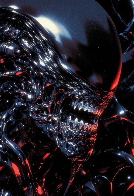 A detailed, atmospheric, dark, futuristic Renaissance oil painting close-up of a Xenomorph from *Alien*. The creature’s black, glossy biomechanical exoskeleton is rendered with intricate detail, illuminated by red and blue glowing lights that reflect off its smooth surface. The elongated skull and sharp, metallic teeth are captured with stunning realism, while dramatic directional lighting casts deep shadows across half of its face, emphasizing its menacing presence. The red and blue lights give the painting an eerie, sci-fi glow, blending seamlessly with the classic Renaissance style to create a masterpiece of perfect composition and atmospheric tension. <lora:dark_fantasy_flux:1> <lora:RetroAnimeFluxV1:0.8> <lora:Xenomorph_-_Alien_Flux:1>