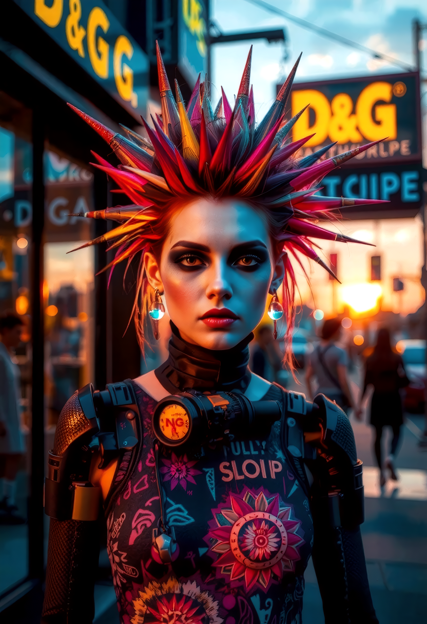 avantgardepunk style. Cutting-edge fusion of art, music, fashion, and technology featuring bold, colorful patterns, distorted proportions, abstract shapes, augmented mechanical enhancements. Include punk-inspired hairstyles, makeup, accessories, and an atmosphere of creativity and rebellion. at sunset, a cyberpunk_2077 person stands proudly outside a futuristic D&G-style boutique, sleek carbon fiber mechanical arms, atmospheric perspective, hairstyle a riot of colorful spikes and dye, augmented enhancements visible, glowing circuits and fiber-optic strands and LEDs of pulsing with energy, and explosion of creative chaos, vibrant colors and bold outlines, style of Wayne Barlowe meets Jean-Paul Goude, .  <lora:Sinfully_Stylish_1.0_Flux:0.8> sinfully stylish, dramatic light, soft light, long shadows <lora:fantasy_portrait_by_cosmic:0.8>âââ