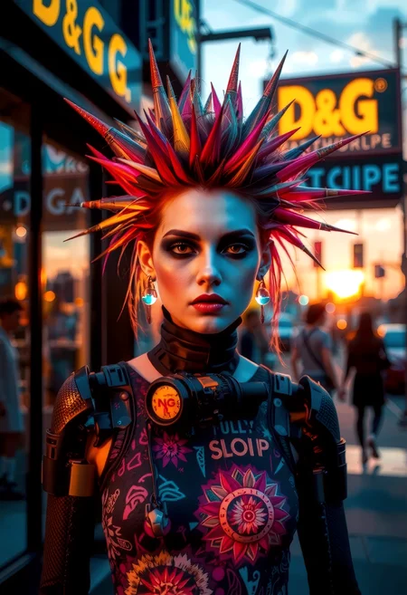 avantgardepunk style. Cutting-edge fusion of art, music, fashion, and technology featuring bold, colorful patterns, distorted proportions, abstract shapes, augmented mechanical enhancements. Include punk-inspired hairstyles, makeup, accessories, and an atmosphere of creativity and rebellion. at sunset, a cyberpunk_2077 person stands proudly outside a futuristic D&G-style boutique, sleek carbon fiber mechanical arms, atmospheric perspective, hairstyle a riot of colorful spikes and dye, augmented enhancements visible, glowing circuits and fiber-optic strands and LEDs of pulsing with energy, and explosion of creative chaos, vibrant colors and bold outlines, style of Wayne Barlowe meets Jean-Paul Goude, .  <lora:Sinfully_Stylish_1.0_Flux:0.8> sinfully stylish, dramatic light, soft light, long shadows <lora:fantasy_portrait_by_cosmic:0.8>âââ