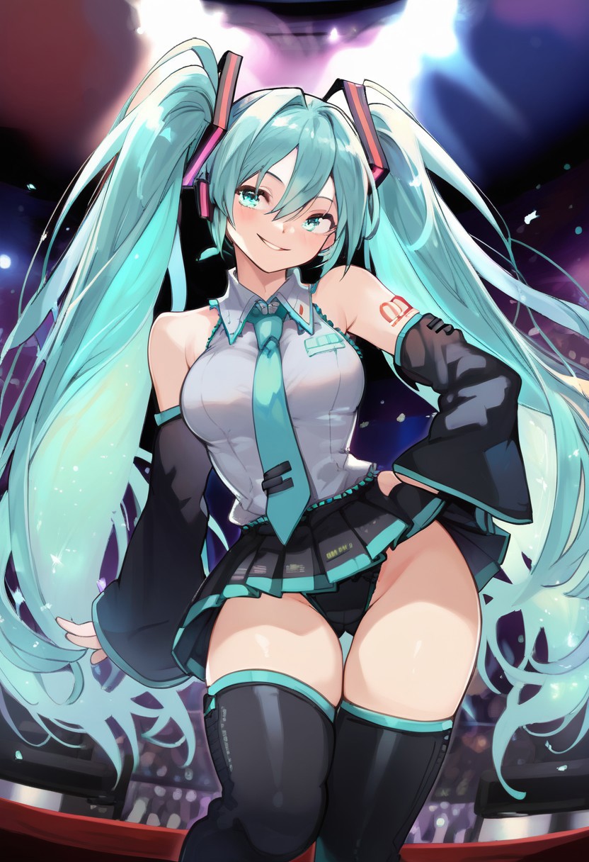 solo, 1girl, female, hyocorou, hatsune miku, smile, absurdly long hair,aqua hair,twintails,hair ornament,sidelocks,hair between eyes,parted bangs,aqua eyes, BREAK white shirt,collared shirt,bare shoulders,sleeveless shirt,aqua necktie,detached sleeves,black sleeves,shoulder tattoo,fringe,black thighhighs,miniskirt,pleated skirt,zettai ryouiki,thigh boots, BREAK indoors, concert, scenario, colorful, portrait, BREAK ((ultra-detailed)), ((best quality)), ((best quality)), ((beautiful eyes)), ((extremely detailed)), 4K, (8K), best quality, (beautiful), Master piece, highres, score_9, score_8_up, score_7_up, score_6_up, score_5_up, score_4_up, colorful, best quality, official art, highres, masterpiece, nai3, god light, detailed background, high quality background,