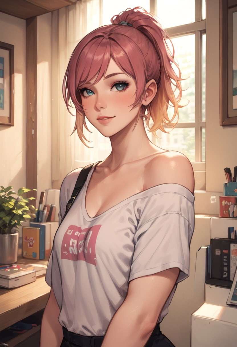 score_9, score_8_up, score_7_up, score_6_up, 
1girl, solo, very aesthetic, 
pale skin, 27 year old, curvy, 
perfect eyes, eyeliner, 
swept bangs, gradient hair, medium hair, ponytail, short bangs, 
face portrait, light smile, 
loose off shoulder shirt,
bedroom, window, bright interior, midday,