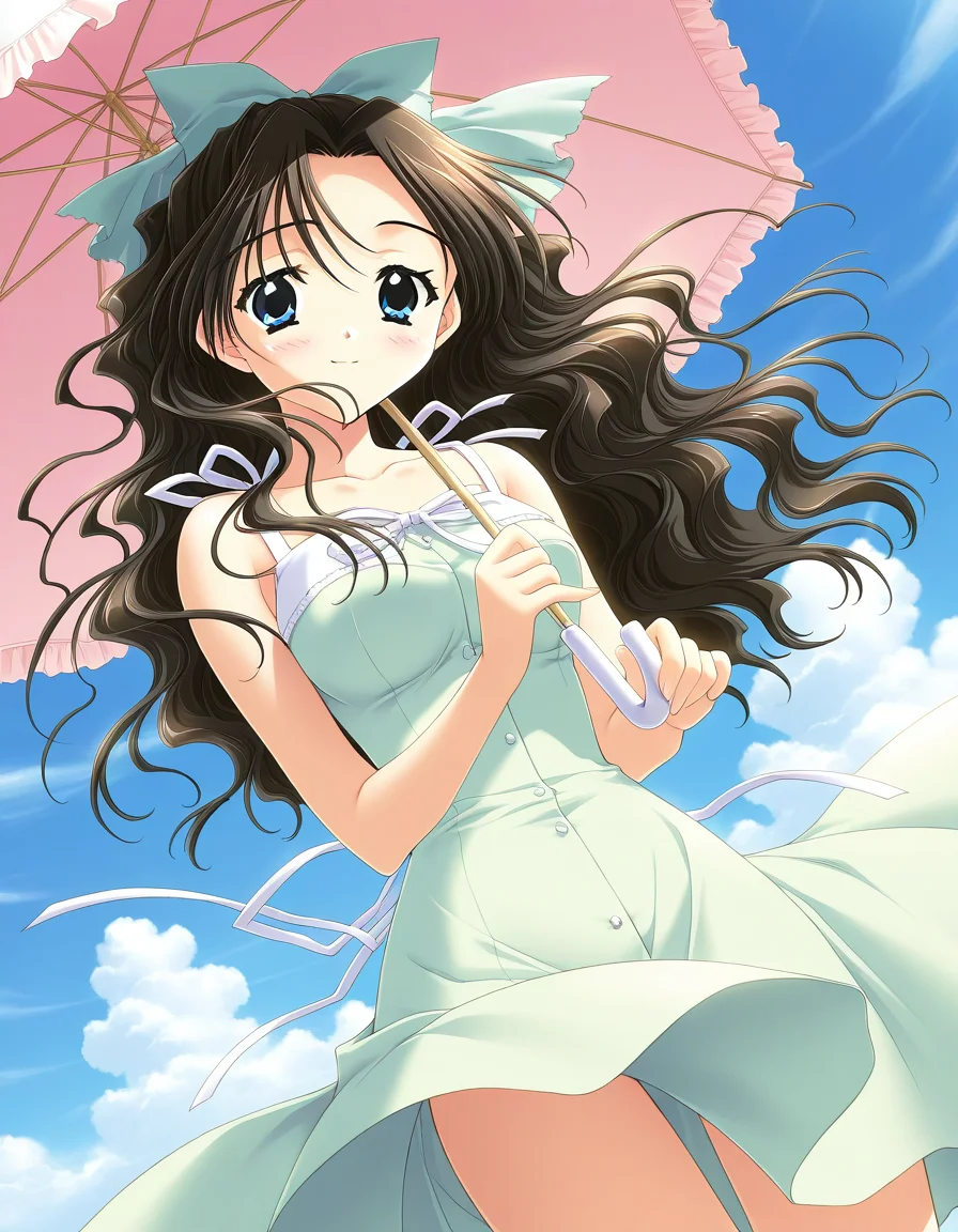general,highres, ultra-detailed,very aesthetic,best quality ,best hands,  BREAK <lora:Shirai_Yuuri_IS:1>ShiraiYuuri, 1girl, long hair, brown hair, blue eyes, hair bow, ribbon, black hair, wavy hair, hair ribbon, breasts,light smile,
1girl, solo, umbrella, light green dress, day, wind, ribbon, long hair, blue eyes, black hair, hair ribbon, dutch angle, sundress, cloud, parasol, outdoors, sky, wind lift, smile, blush, wavy hair