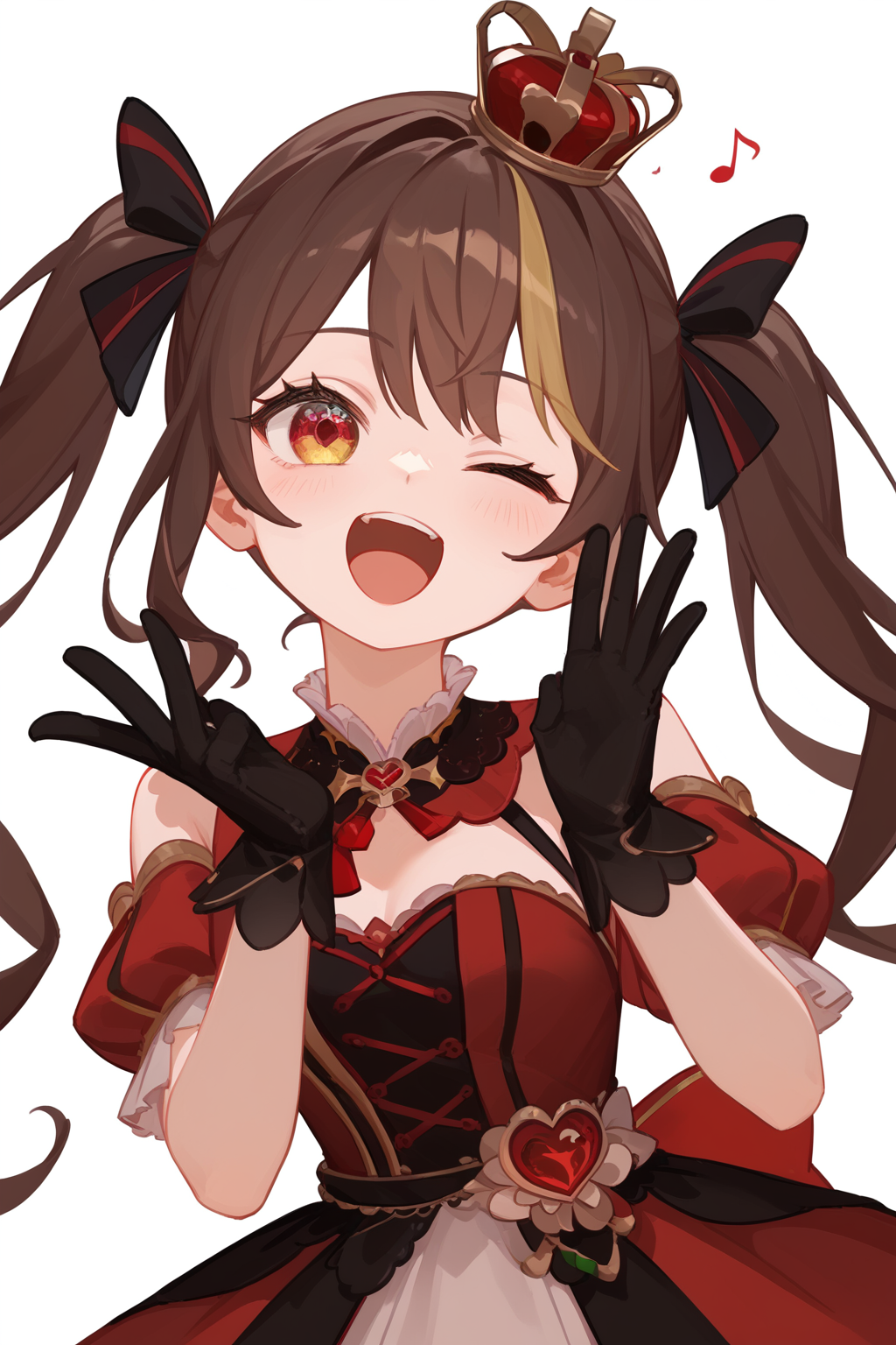 (score_9,score_8_up,score_7_up,),<lora:io1-000018:0.8>,bingtang quuen,brown hair,crown,black gloves,twintails,red dress,red eyes,heterochromia,streaked hair,yellow eyes,upper_body,heart,one eye closed,naughty_face,singing,