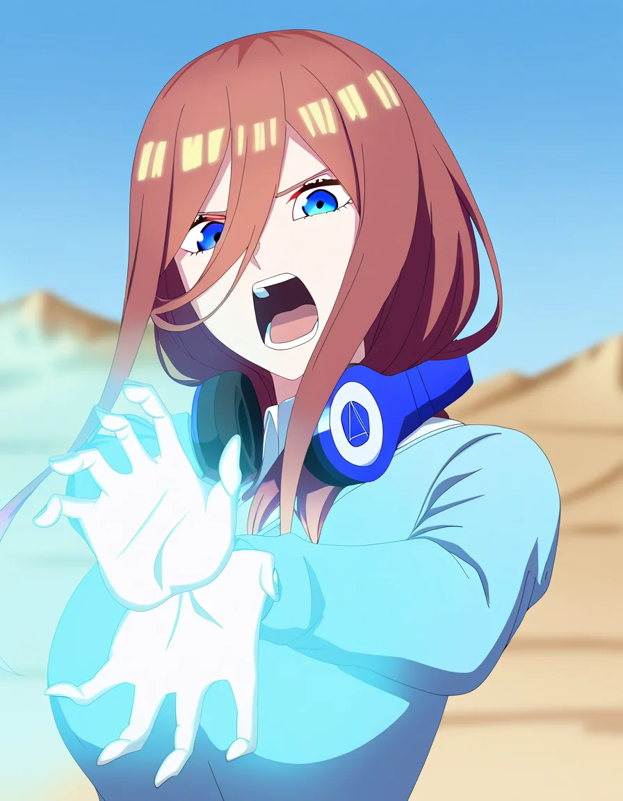 masterpiece, best quality, newest, absurdres, highres, safe,, <lora:miku-nakano-s2-ponyxl-lora-nochekaiser:1>, miku nakano, long hair, bangs, blue eyes, brown hair, hair between eyes, headphones, headphones around neck, large breasts, <lora:kamehameha-illustriousxl-lora-nochekaiser:1>, kamehameha, kamehameha (dragon ball), open mouth, outstrecthed arms, torn clothes, shouting, from side,, outdoors, wasteland,,