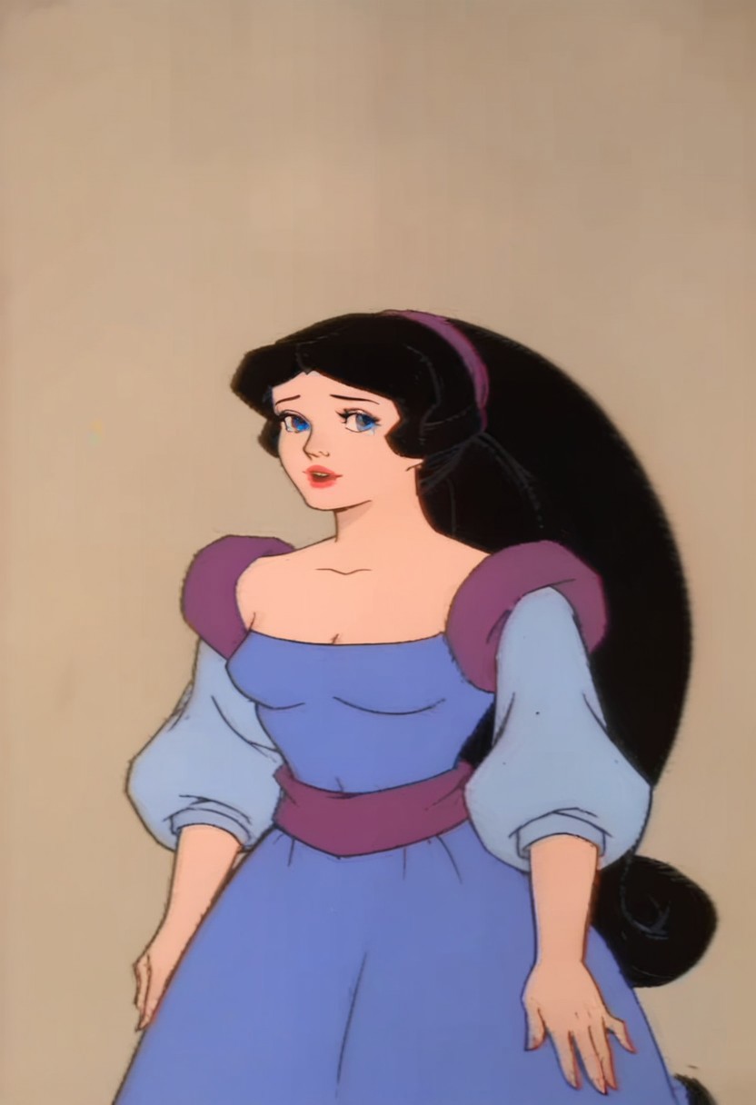 score_9_up, score_8_up, score_7_up, 1980s (style), retro artstyle, source_cartoon, rating_safe, solo 
HEASnowWhite, 1girl, black hair, long hair, very long hair, ponytail, hairband, blue eyes, red lips, lipstick, breasts, long sleeves, puffy sleeves, dress, blue dress, purple dress,