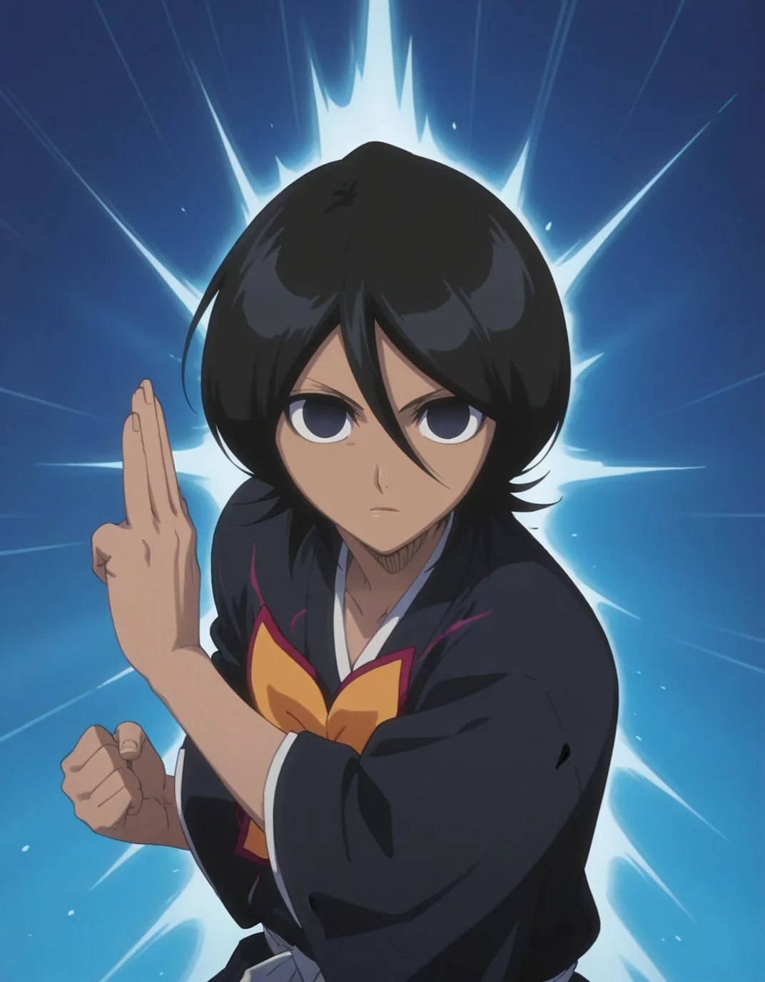 masterpiece, best quality, <lora:Mind_Controlled_Rukia:1>, 4ukia, short hair, black hair, dark blue eyes, empty eyes, japanese clothes, upper body, fighting stance, palm,