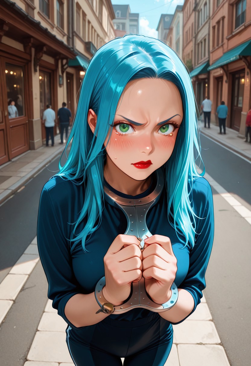 masterpiece, best quality, very aesthetic, absurdres, cinematic lighting, detailed, intricate details, dynamic angle,
BREAK,
1girl, stunning 24yo, long hair, blue hair, green eyes, red lips, 
BREAK,
walking, pov, 
bondagefiddle, pillory, metal plate, restrained, wrists together,
BREAK,
angry, tears, blushing,
BREAK,
on the sidewalk, public street, day, sunlight, people in the background,
