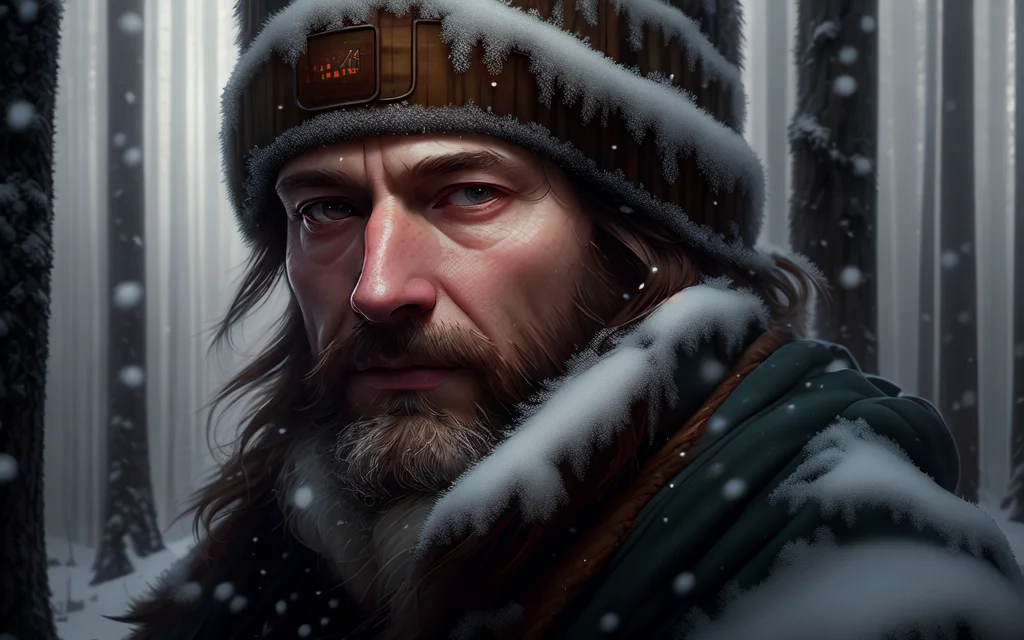 a portrait digital painting of a man in a dense winter forest, peaceful, volumetric lighting, masterpiece, realistic, trending on artstation, highres, soft focus