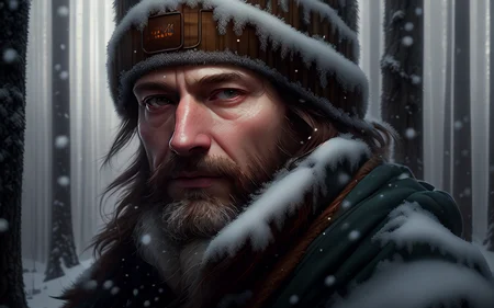 a portrait digital painting of a man in a dense winter forest, peaceful, volumetric lighting, masterpiece, realistic, trending on artstation, highres, soft focus