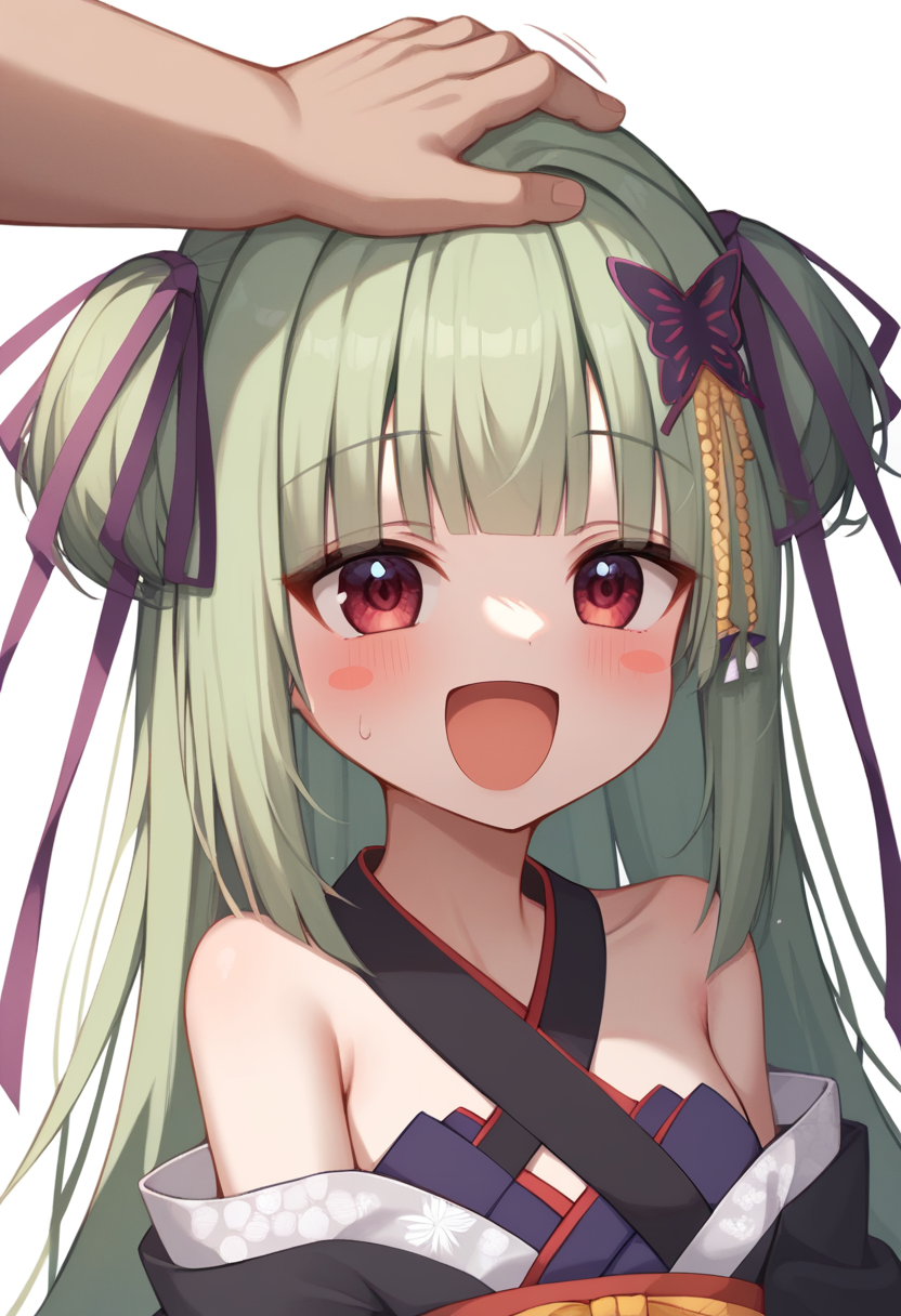 score_9,score_8_up,score_7_up,<lora:murasame_(senren)_pony:1>,bare_shoulders, murasame_\(senren\), commentary_request, long_ribbon, purple_ribbon, white_background, blush_stickers, 1other, hair_ribbon, criss-cross_halter, :d, 1girl, pom_pom_\(clothes\), happy, solo_focus, black_kimono, ^_^, headpat, simple_background, highres, motion_lines, absurdres, upper_body, blunt_ends, sidelocks, open_mouth
