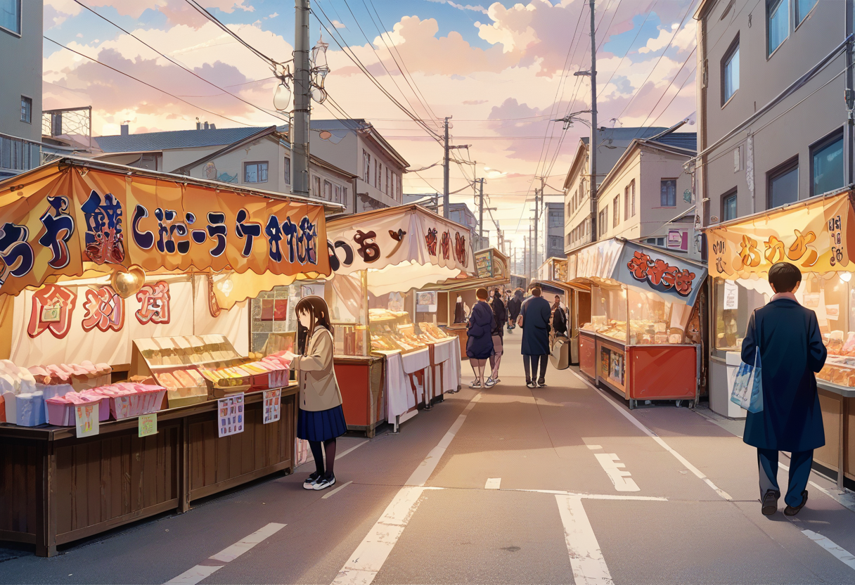 score_9, score_8_up, score_7_up, rating_safe, masterpiece, best quality, absurdres, unity 8k wallpaper, official art, official style, source_anime, uncensored, game cg, megami magazine,
omatsuri, food stand, outdoors, power lines, real world location, utility pole, sky, road, multiple boys, scenery, cloud, sign, street, day, multiple girls, 6+boys, food, building, city, holding, shop, bag, lamppost, blue sky, cloudy sky, coat, eating, realistic, photo background, photo (medium), photorealistic
<lora:omatsuri_PONY_V1:1>