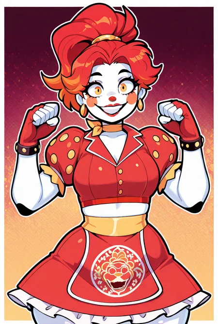 <lora:ilglambab-10:1> glambab, white skin, 1girl, red hair, ponytail, wide smile, earrings, short puffy sleeves, red fingerless gloves, red dress, red lips, midriff, red nose,  ((dynamic pose)), red skirt,    <lora:welwraith-guy90-Illust-Lycorisv1:1> welith, curvy, score_9, score_8_up, score_7_up, masterpiece, best quality, masterpiece, best quality, amazing quality, very aesthetic, absurdres, newest,, upper body, halftone effect, white borders, abstract background:1.2,