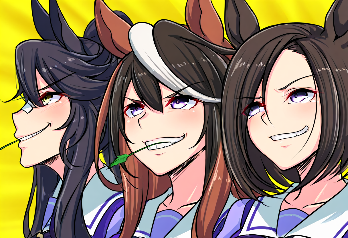 (masterpiece, high quality, amazing detail), highres, getter team pose meme, long hair, smile, short hair, multiple girls, black hair, animal ears, hair between eyes, school uniform, purple eyes, yellow eyes, white hair, japanese clothes, 3girls, sailor collar, grin, sketch, streaked hair, mouth hold, horse ears, high ponytail, horse girl, bandaid, yellow background, meme, bandaid on face, tracen school uniform, bandaid on nose, symboli rudolf (umamusume), air groove (umamusume), narita brian (umamusume),  <lora:getter_team_pose:1>