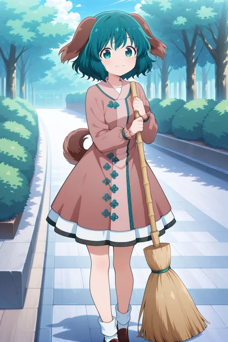 absurdres, highres, masterpiece, best quality, amazing quality, official anime artwork, screencap, anime screencap, outdoors, looking at viewer, light smile, dynamic pose, standing,
 <lora:Kyouko-Kasodani_Illustrious:1> kasodani kyouko, 1girl, solo, green eyes, green hair, medium hair, dog ears, dog tail,, brown dress, long sleeves, white socks, brown footwear, holding broom,